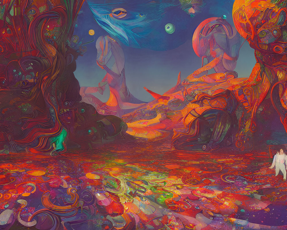 Surreal landscape with astronaut in psychedelic terrain