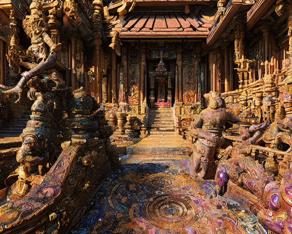 Elaborate Wooden Carvings and Vibrant Colors in Ornate Temple