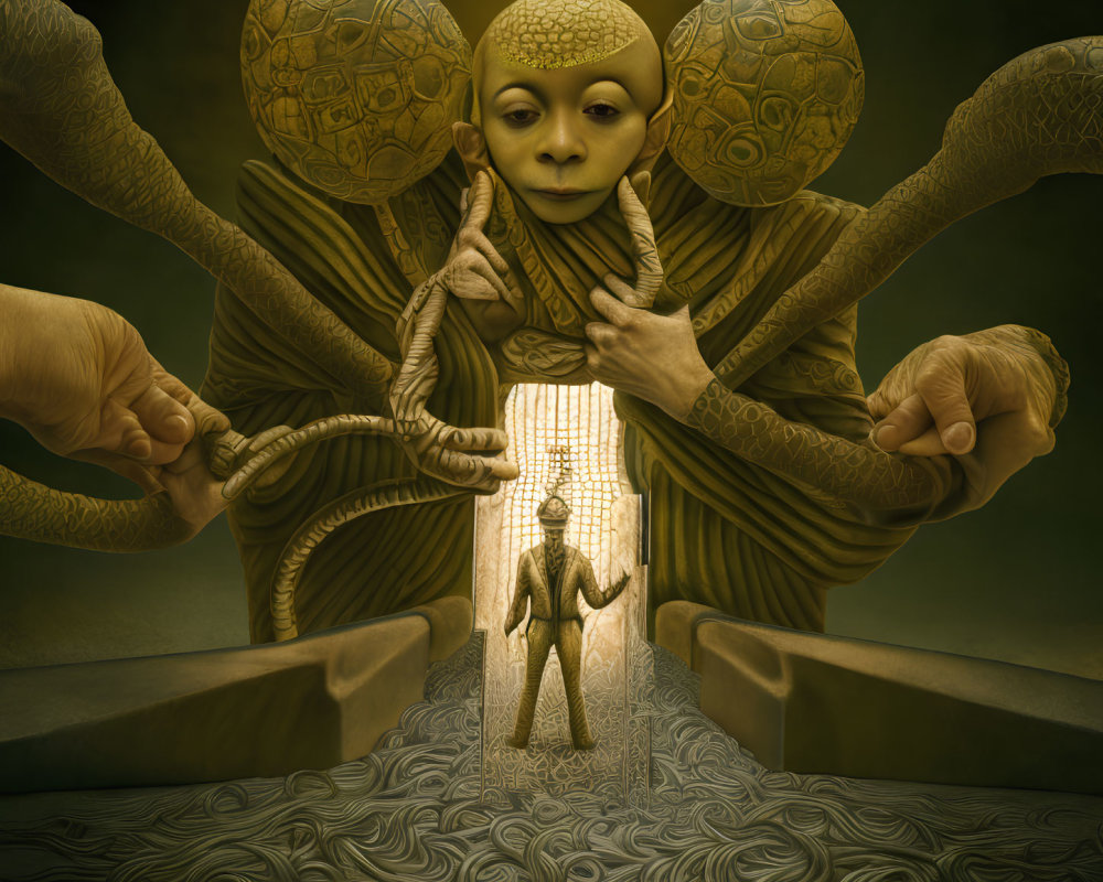 Surreal artwork featuring humanoid figure with multiple arms holding brains and hands pulling ropes.