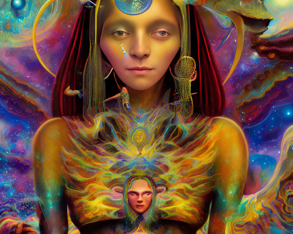 Colorful Cosmic-Themed Illustration with Ethereal Central Figure