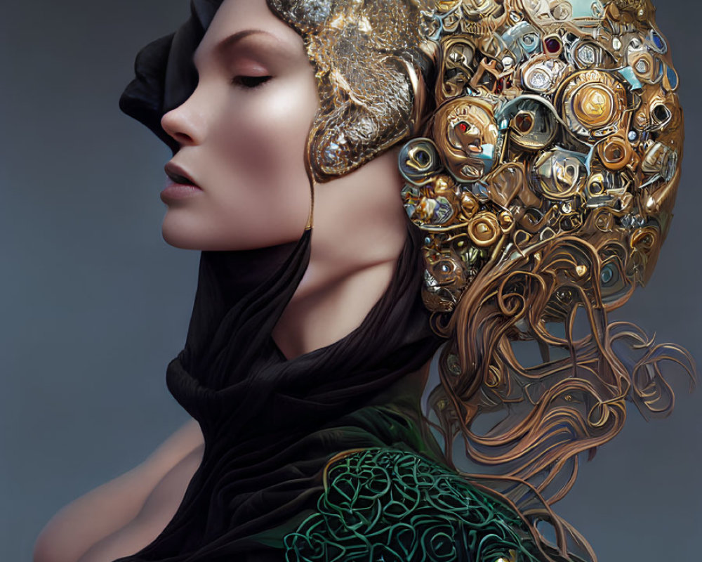 Surreal portrait featuring woman with clockwork headpiece merging into moon