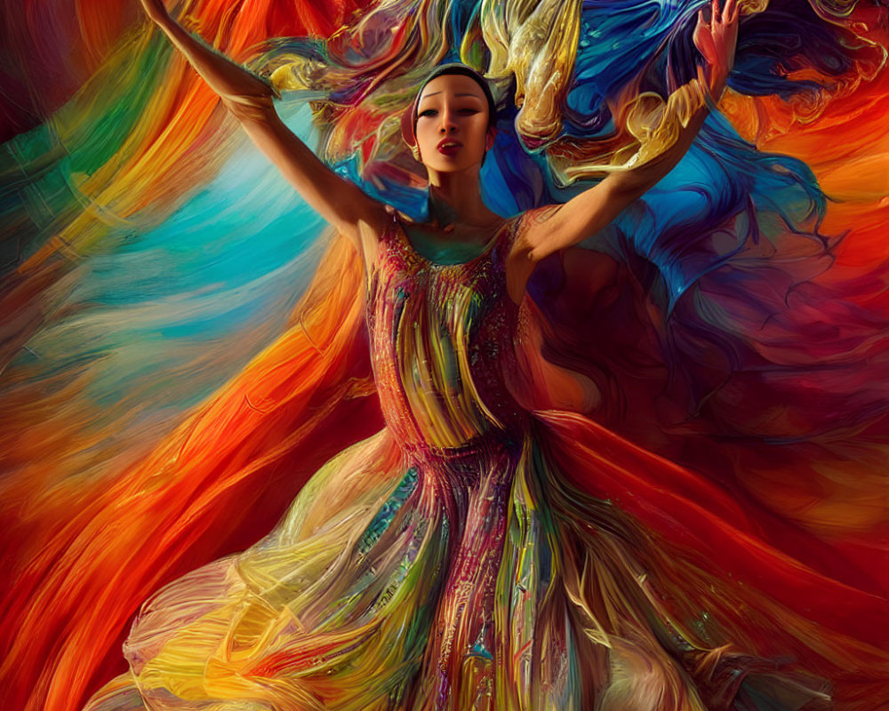 Colorful Artwork: Woman Dancing in Vibrant Fiery Spectrum