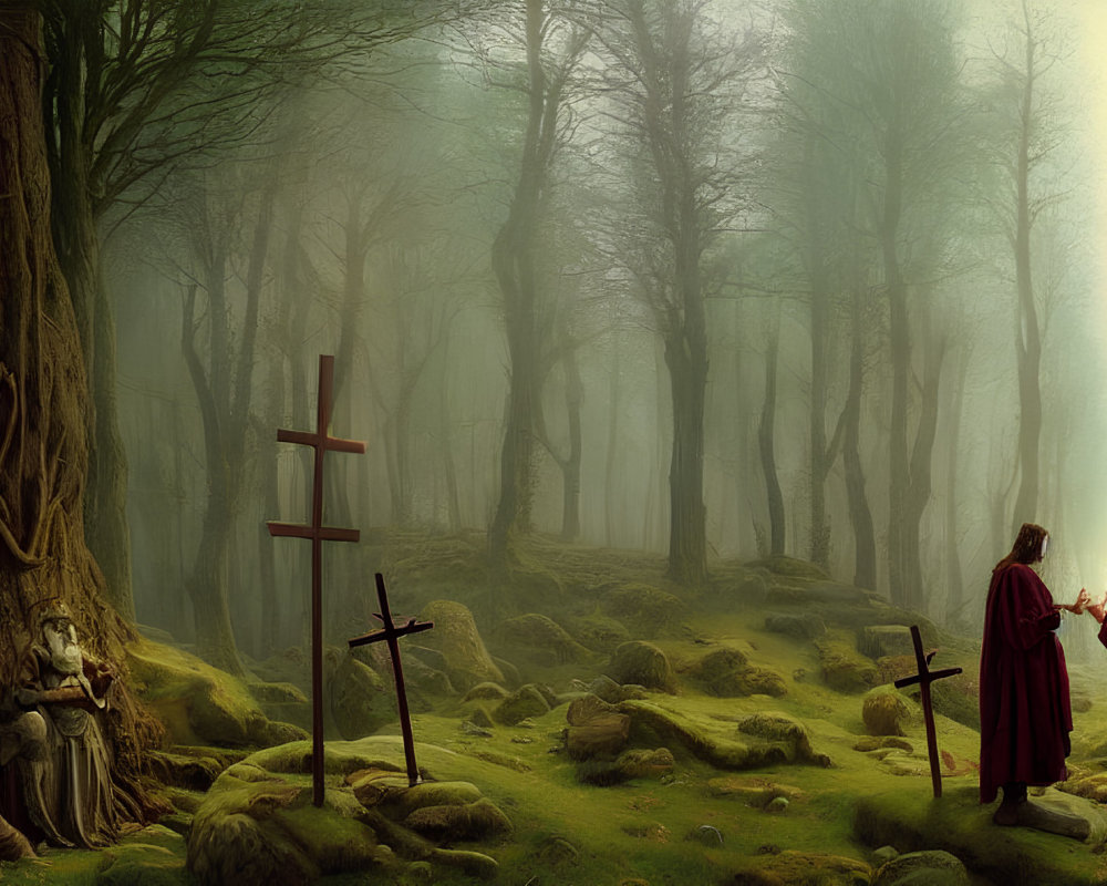 Ethereal misty forest scene with robed figures and crosses