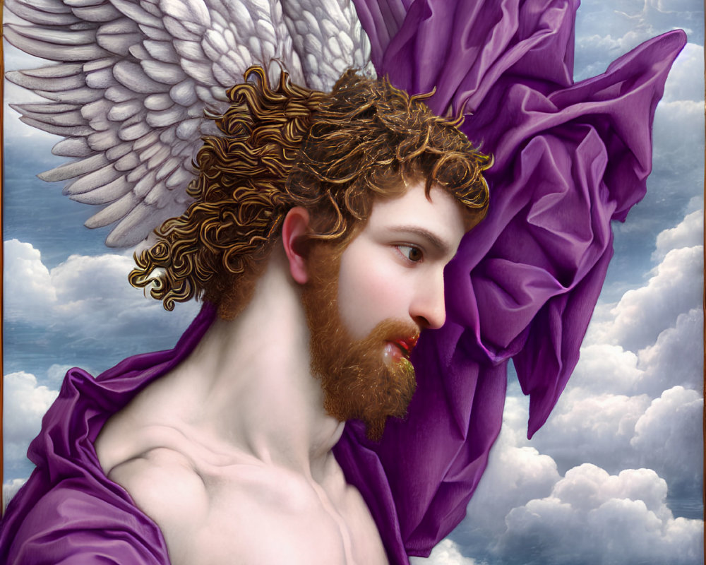 Angel with White Wings and Purple Robe in Cloudy Sky