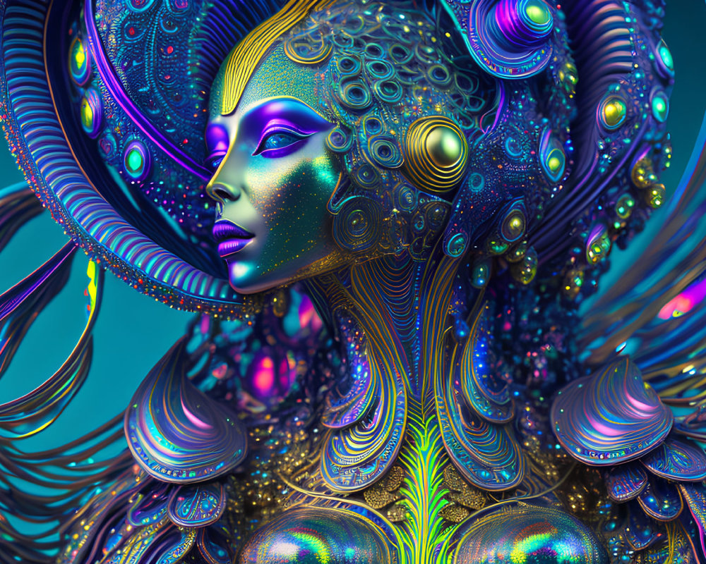 Colorful digital artwork of stylized woman with metallic adornments