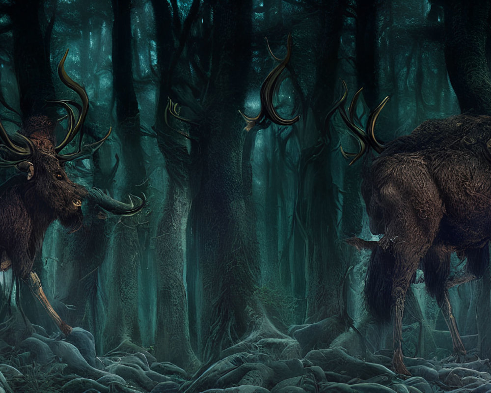 Majestic stag-like creatures in mystical forest