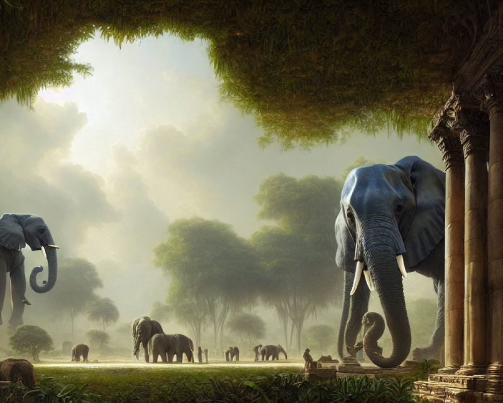 Elephants in misty forest clearing with stone arches and lush greenery