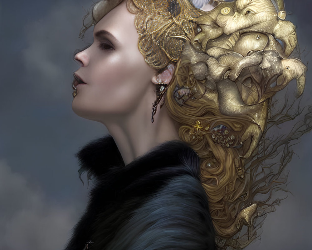 Woman with Lavish Gold Headpiece and Fur Cloak on Cloudy Background