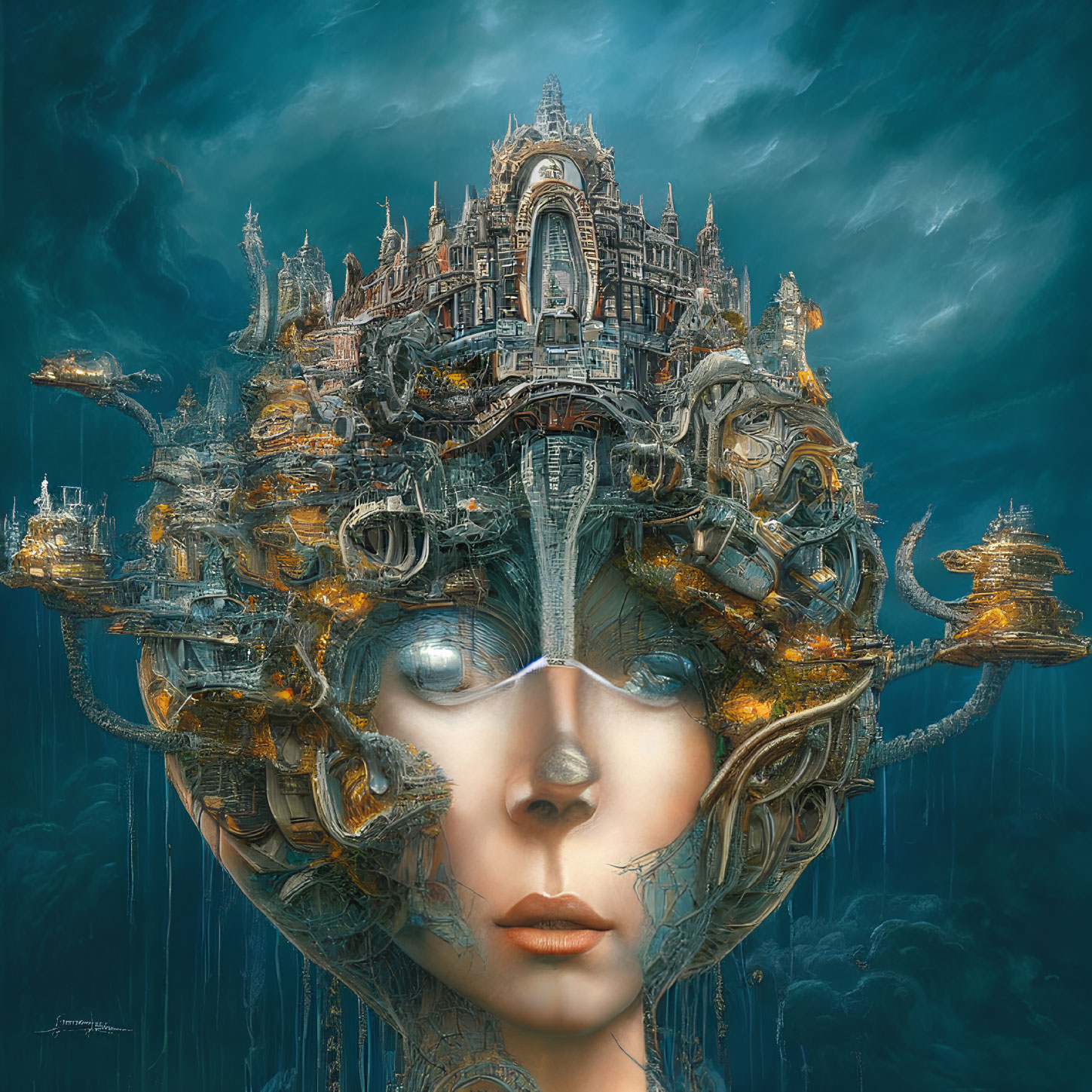 Surreal portrait featuring cityscape headpiece on teal backdrop