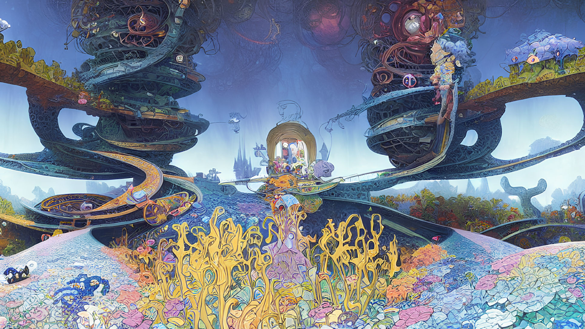 Colorful Fantastical Landscape with Swirling Structures and Flora