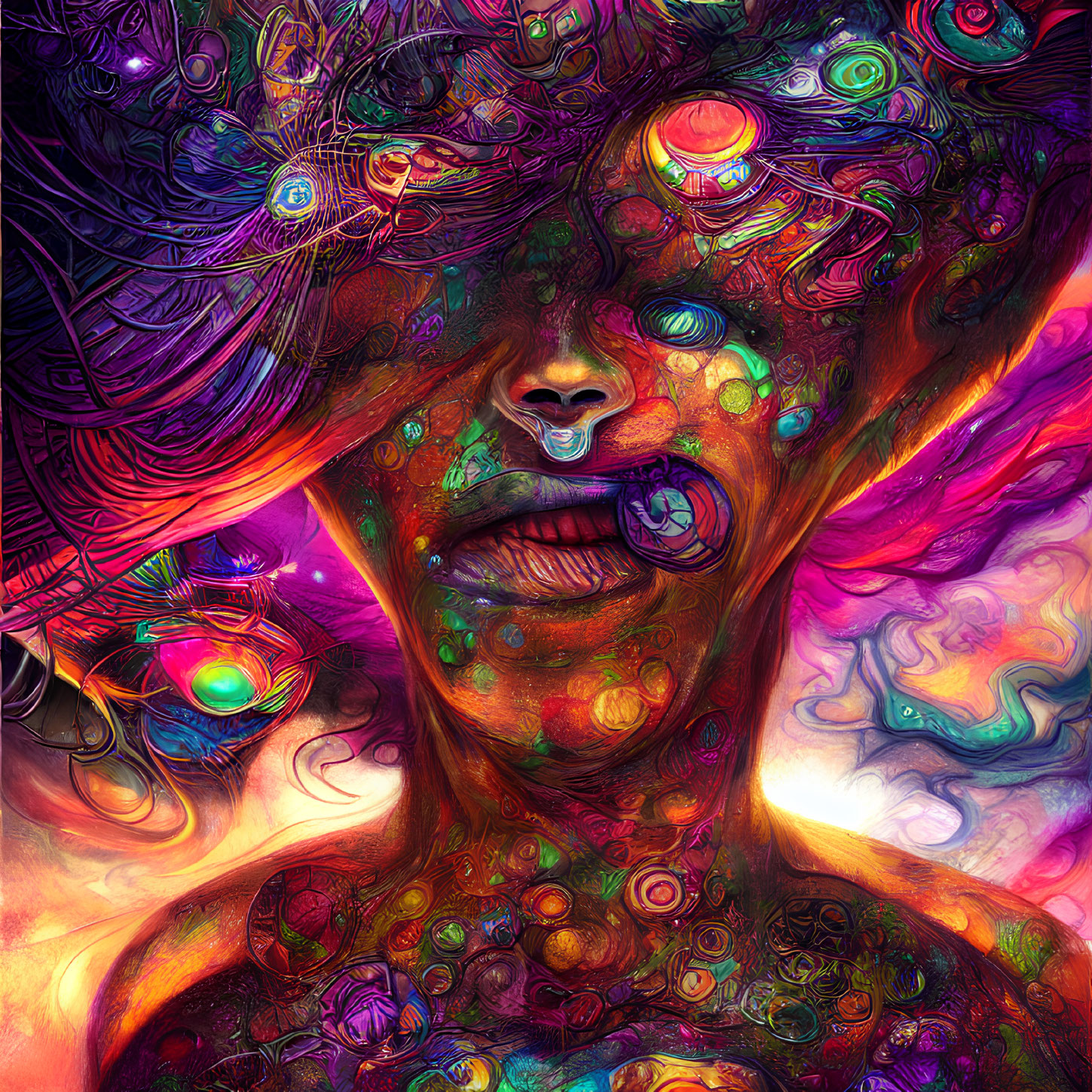 Colorful Abstract Portrait with Swirling Cosmic Patterns