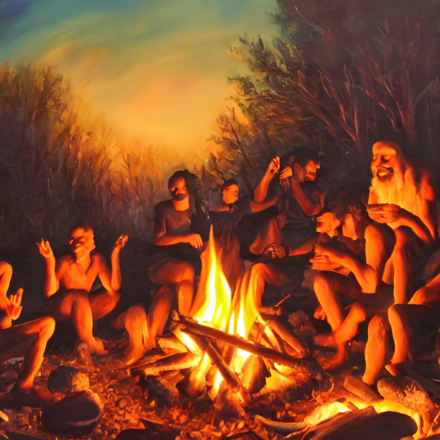 Group of People Gathered Around Campfire at Twilight for Conversation and Gestures