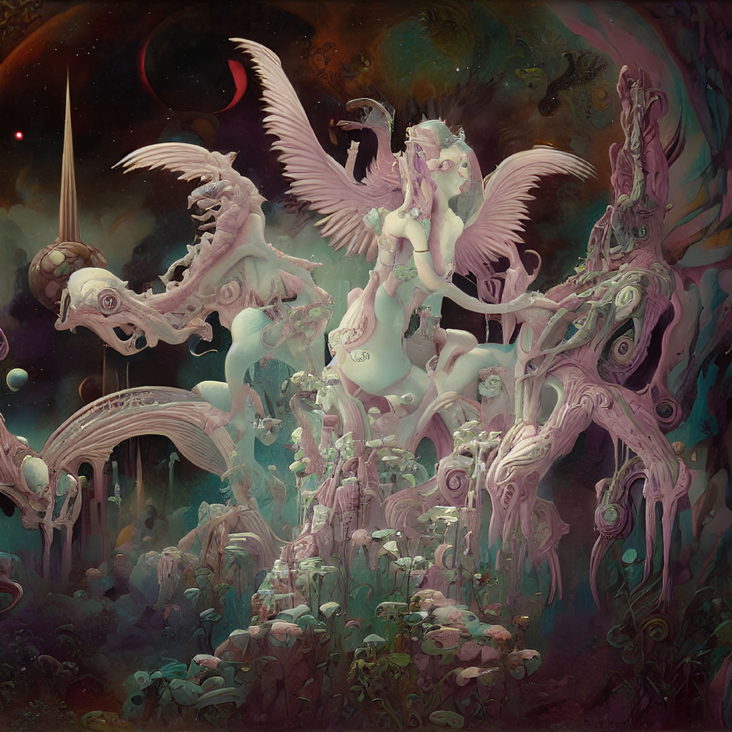 Ethereal character on winged creature in fantastical scene