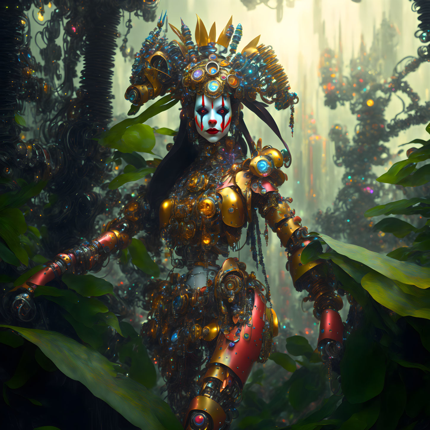 Mystical robotic figure with ornate headdress in lush, ethereal forest