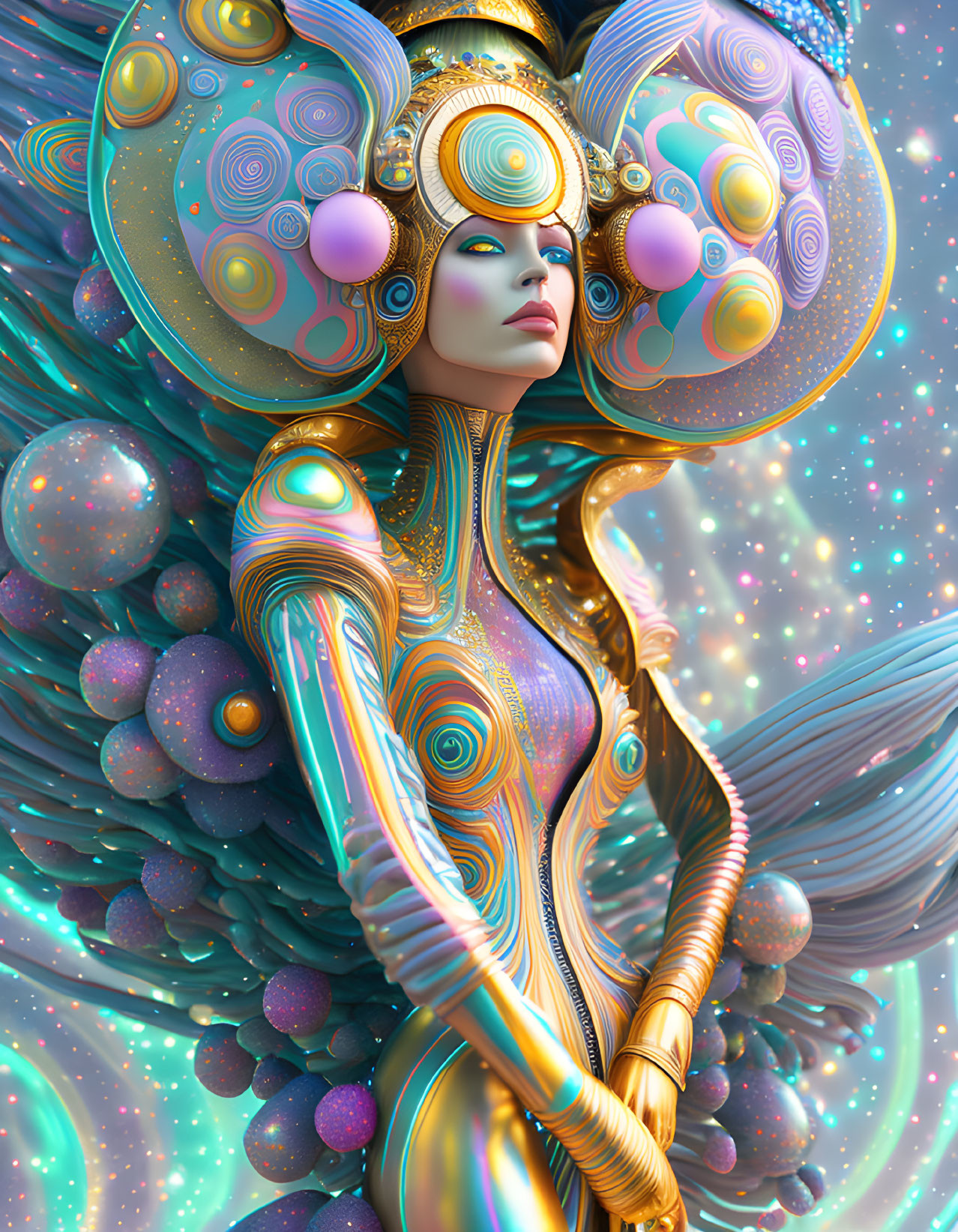 Futuristic surreal being with ornate headgear and metallic swirl-patterned body in cosmic scene