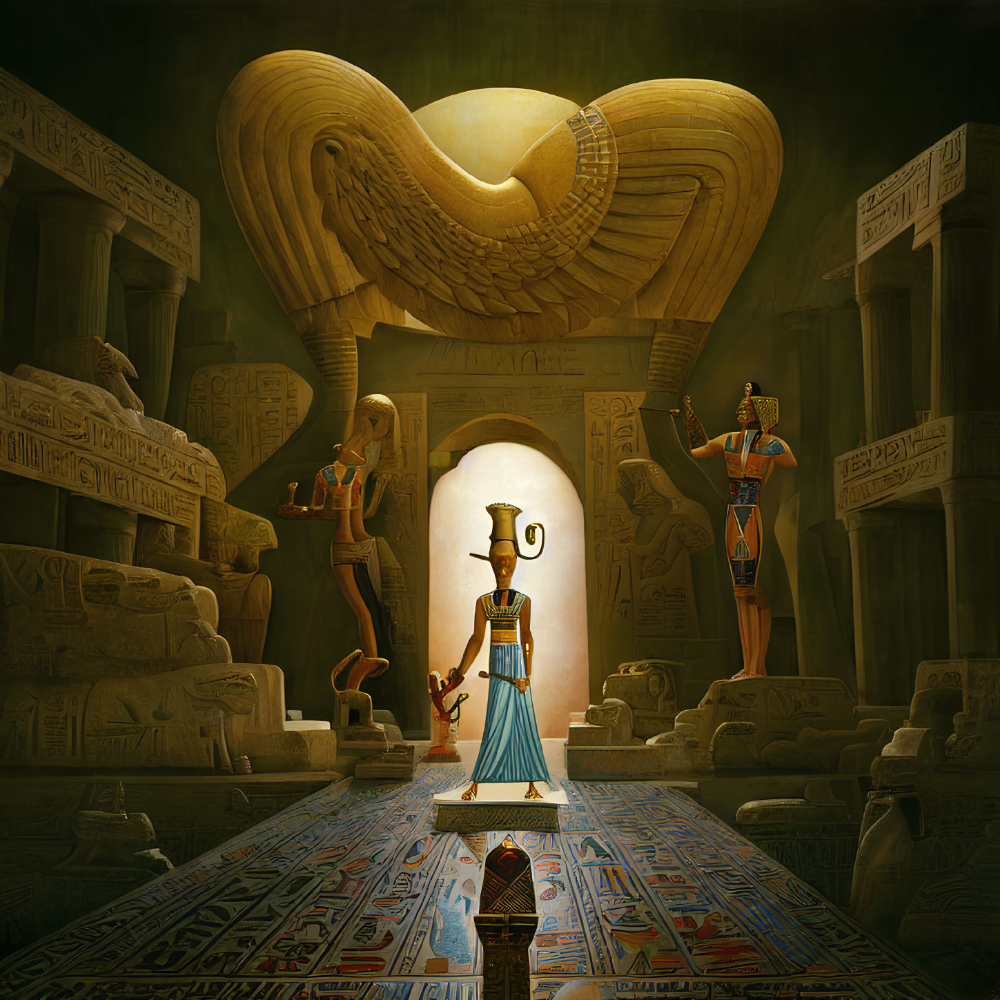 Ancient Egyptian themed illustration with Anubis figure and winged disc