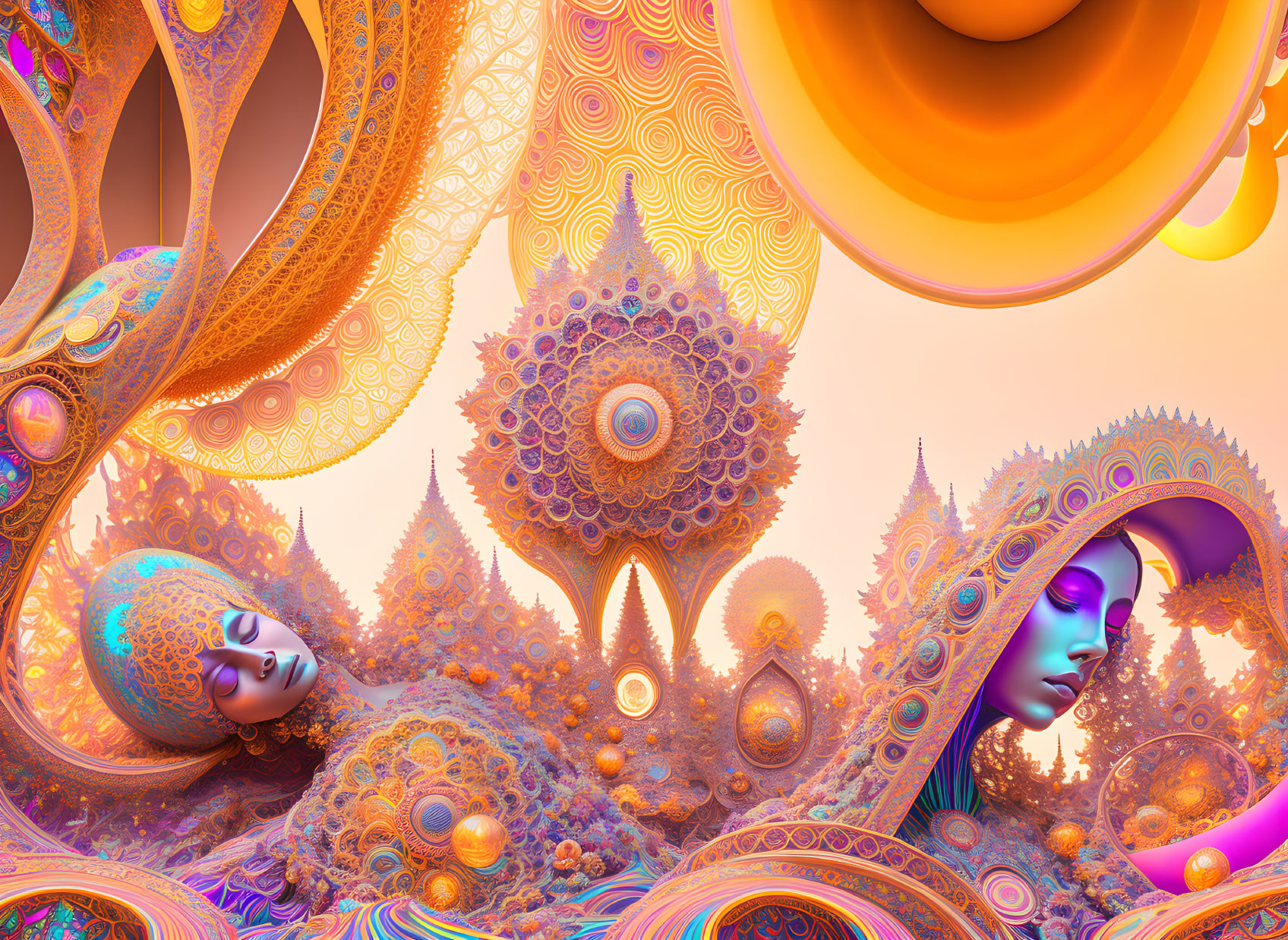 Surreal landscape with fractal designs and serene faces in glowing ambiance