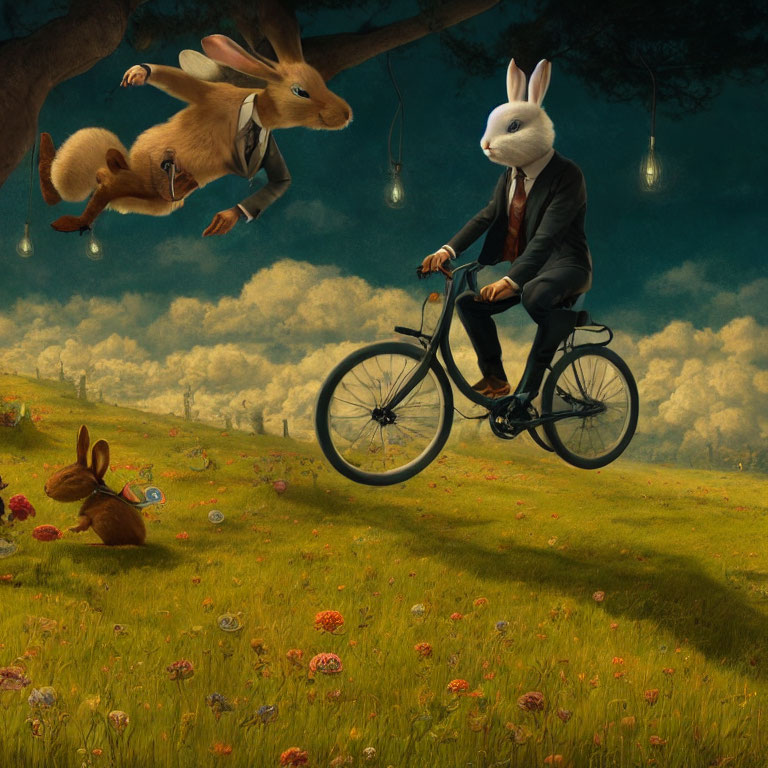 Hybrid creature on bicycle in surreal landscape with oversized rabbits