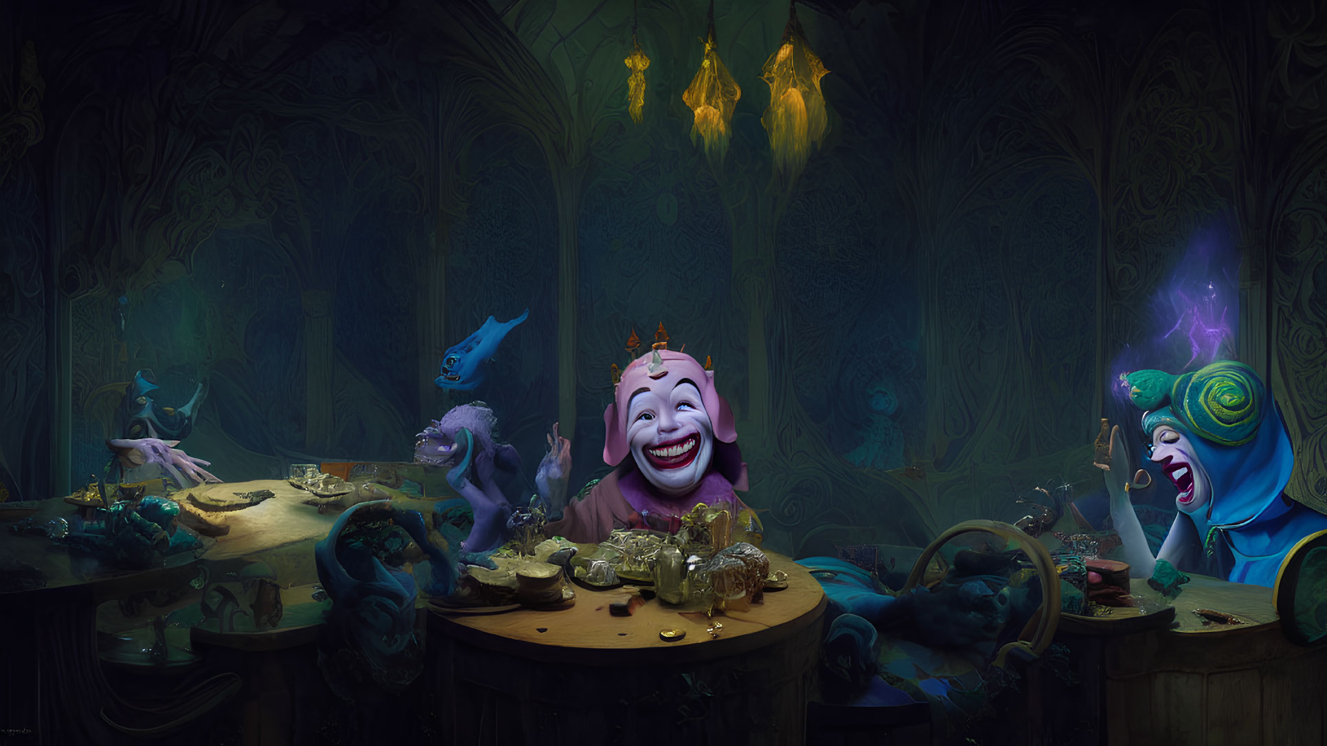 Exaggerated banquet scene with laughing, crown-wearing figure, blue creature, and surprised character amidst