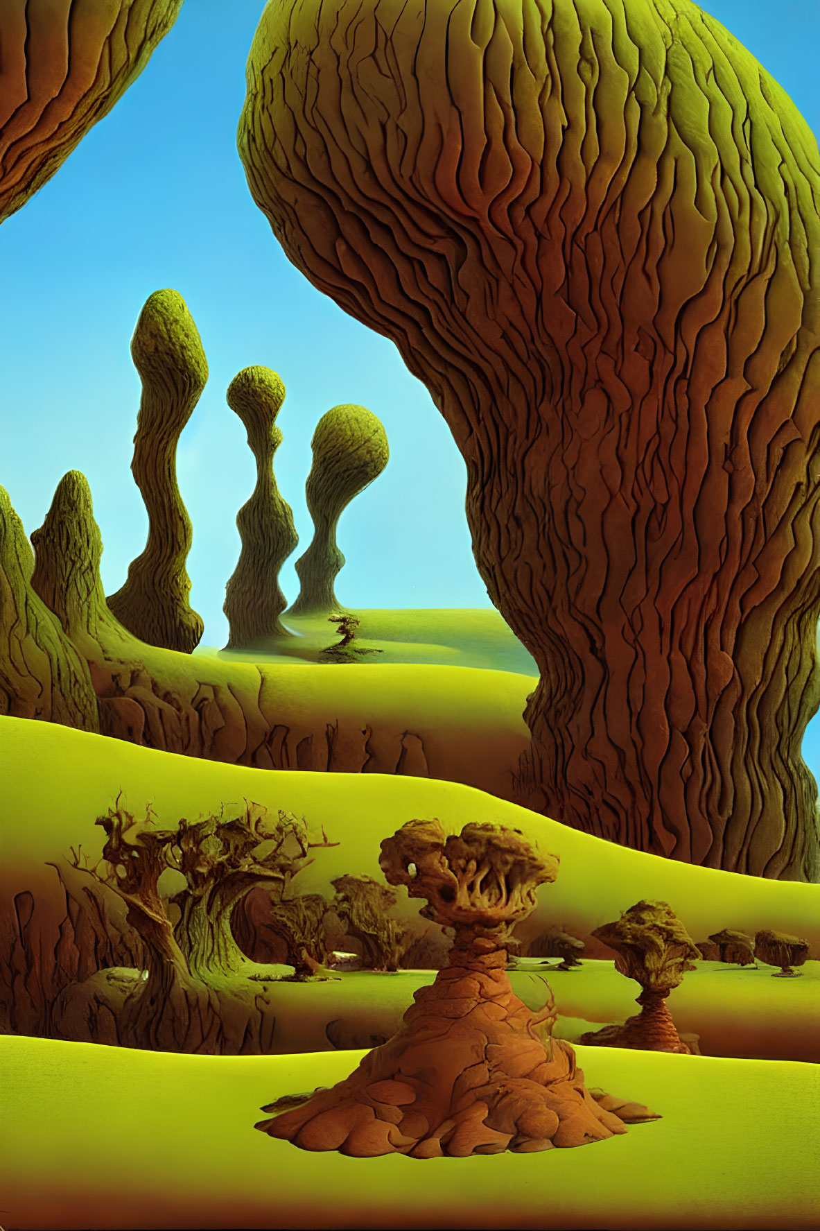 Surreal alien landscape with twisted trees and green terrain