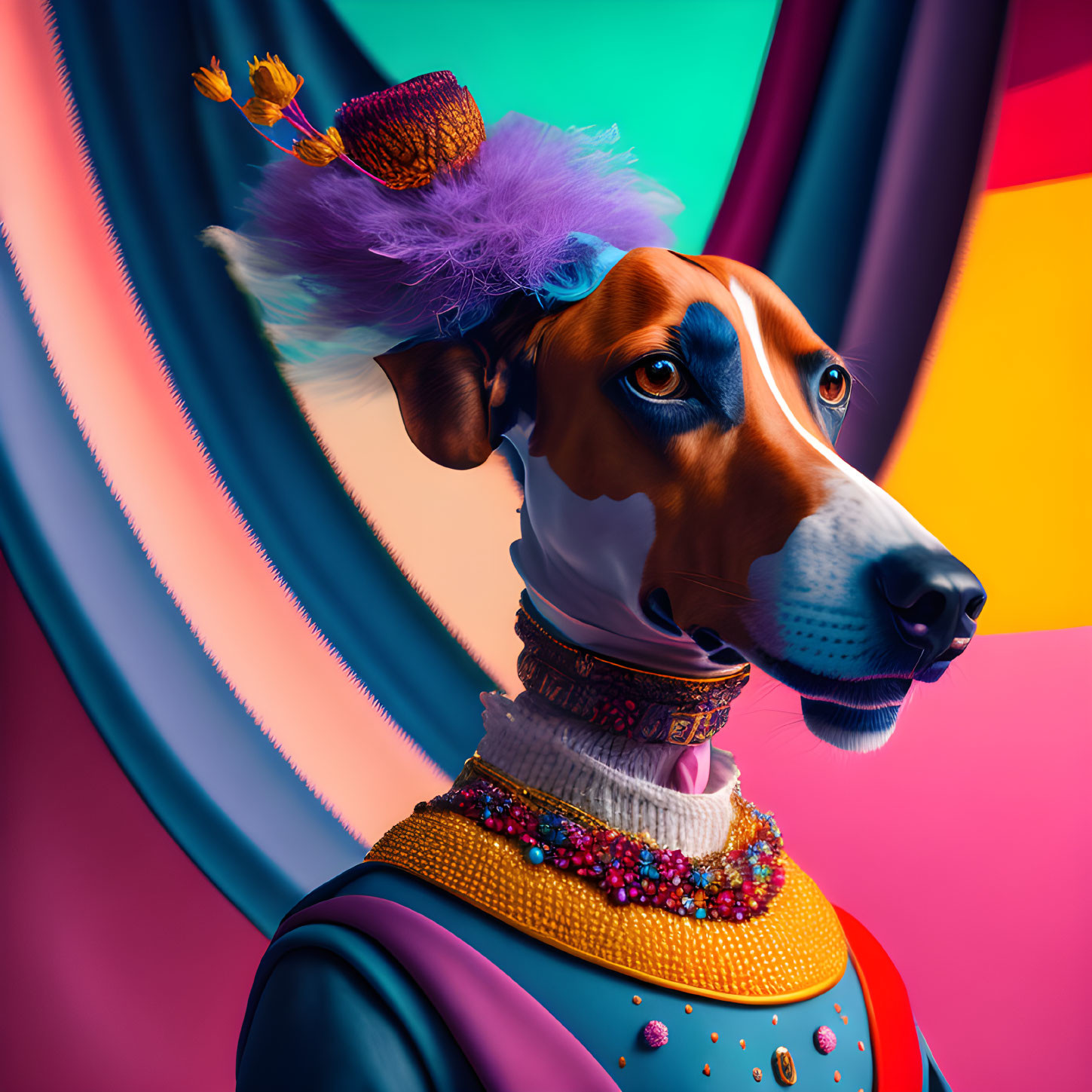 Regal dog in human-like clothing with bejeweled collar & fancy hat