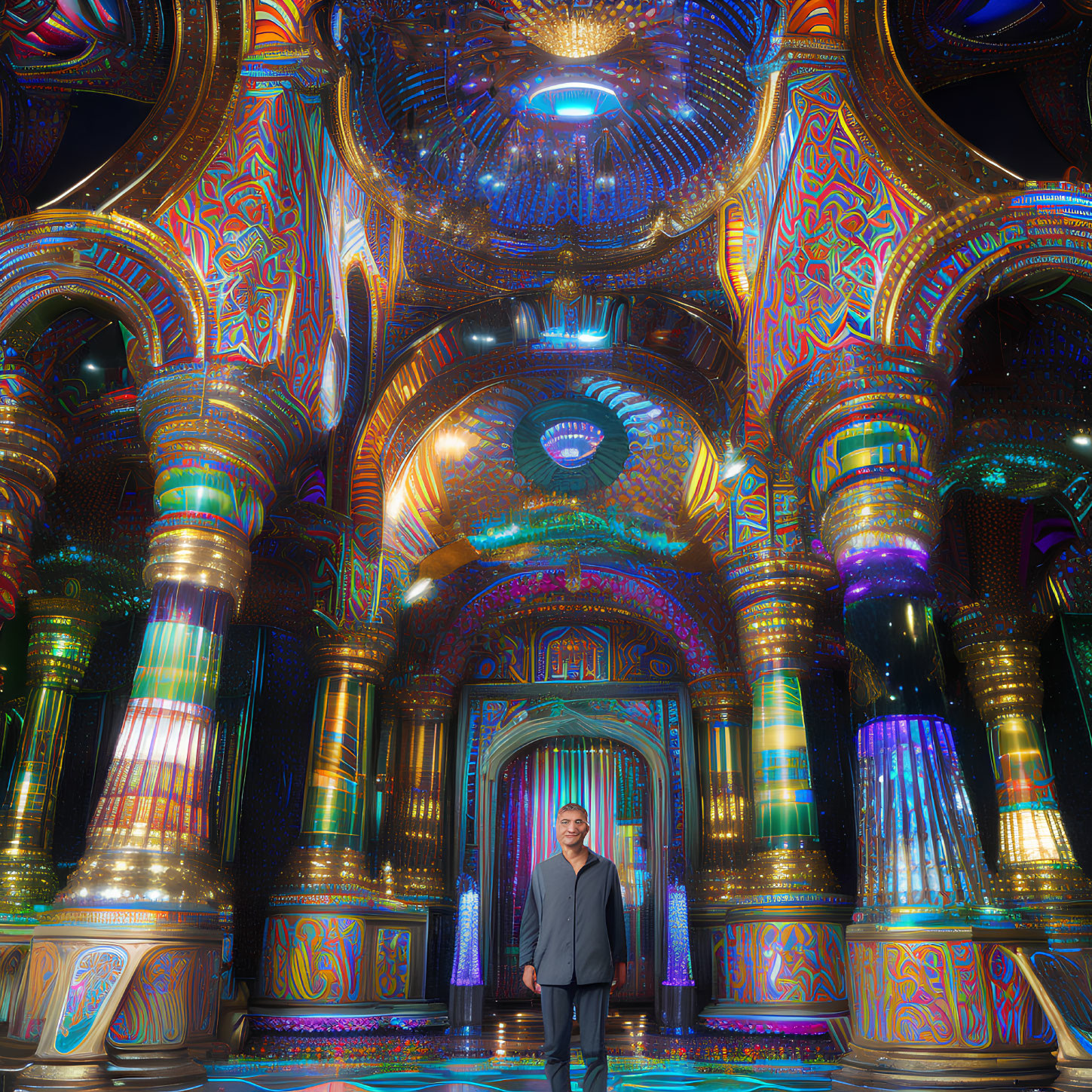 Man in Vibrant Futuristic Hall with Illuminated Pillars