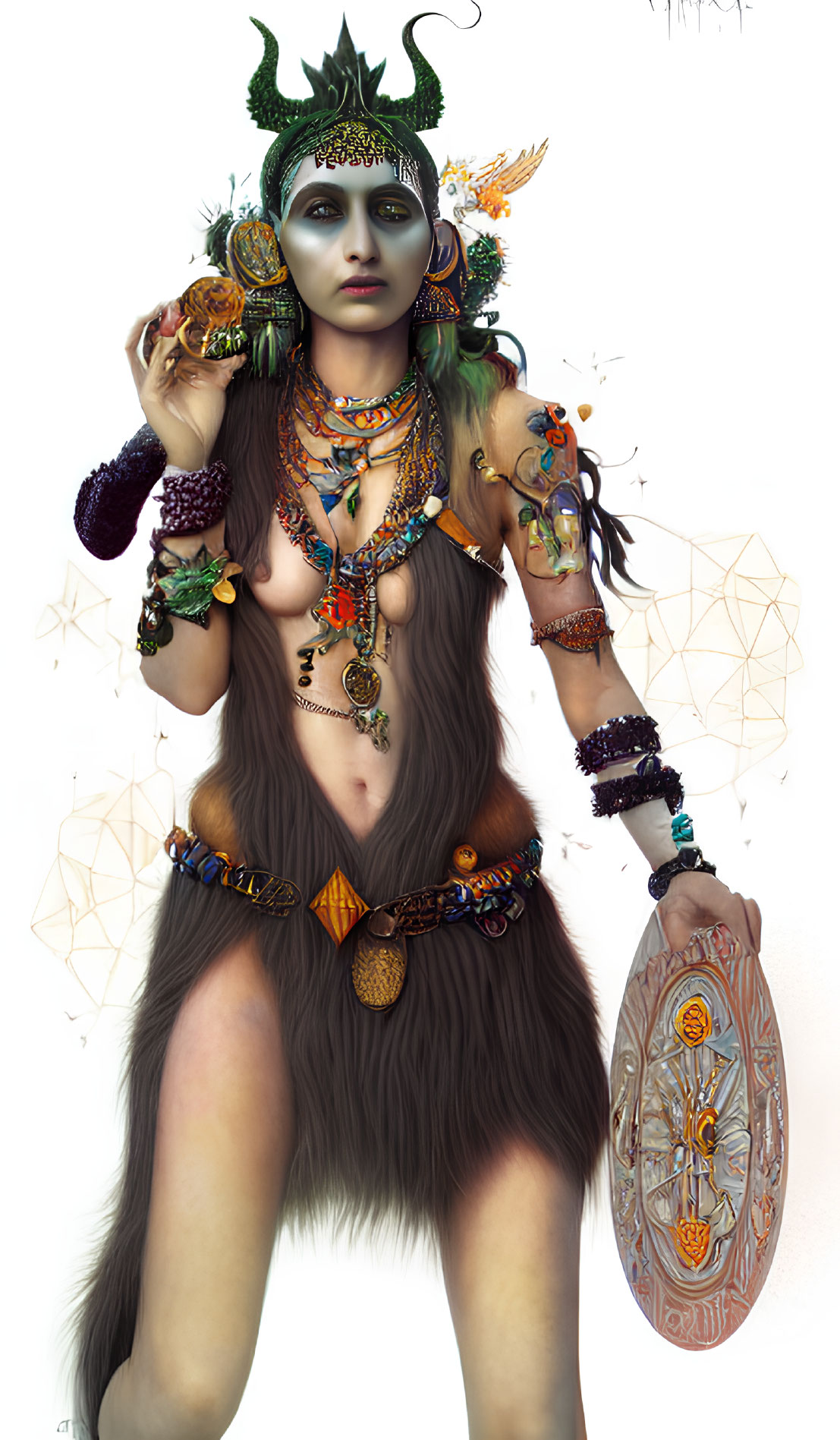 Mythical warrior woman illustration with tribal makeup and shield