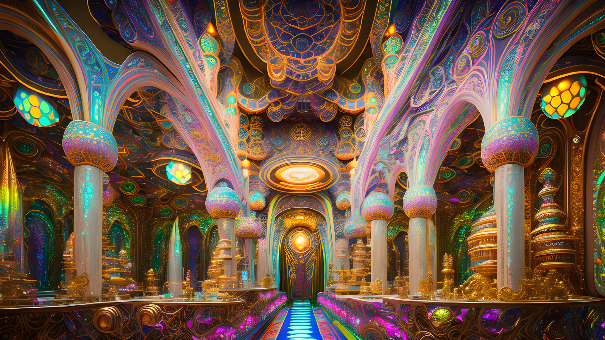 Colorful, ornate interior with intricate columns and glowing pathway