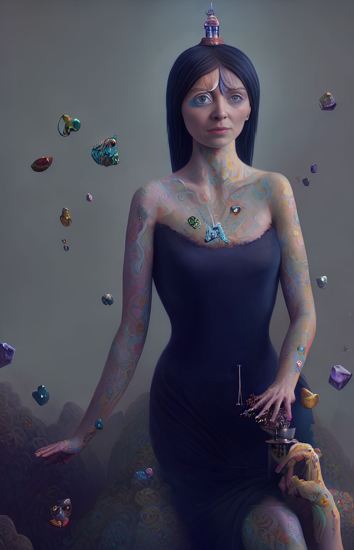 Surreal portrait of a woman with third eye, tattoos, and carousel surrounded by floating candies