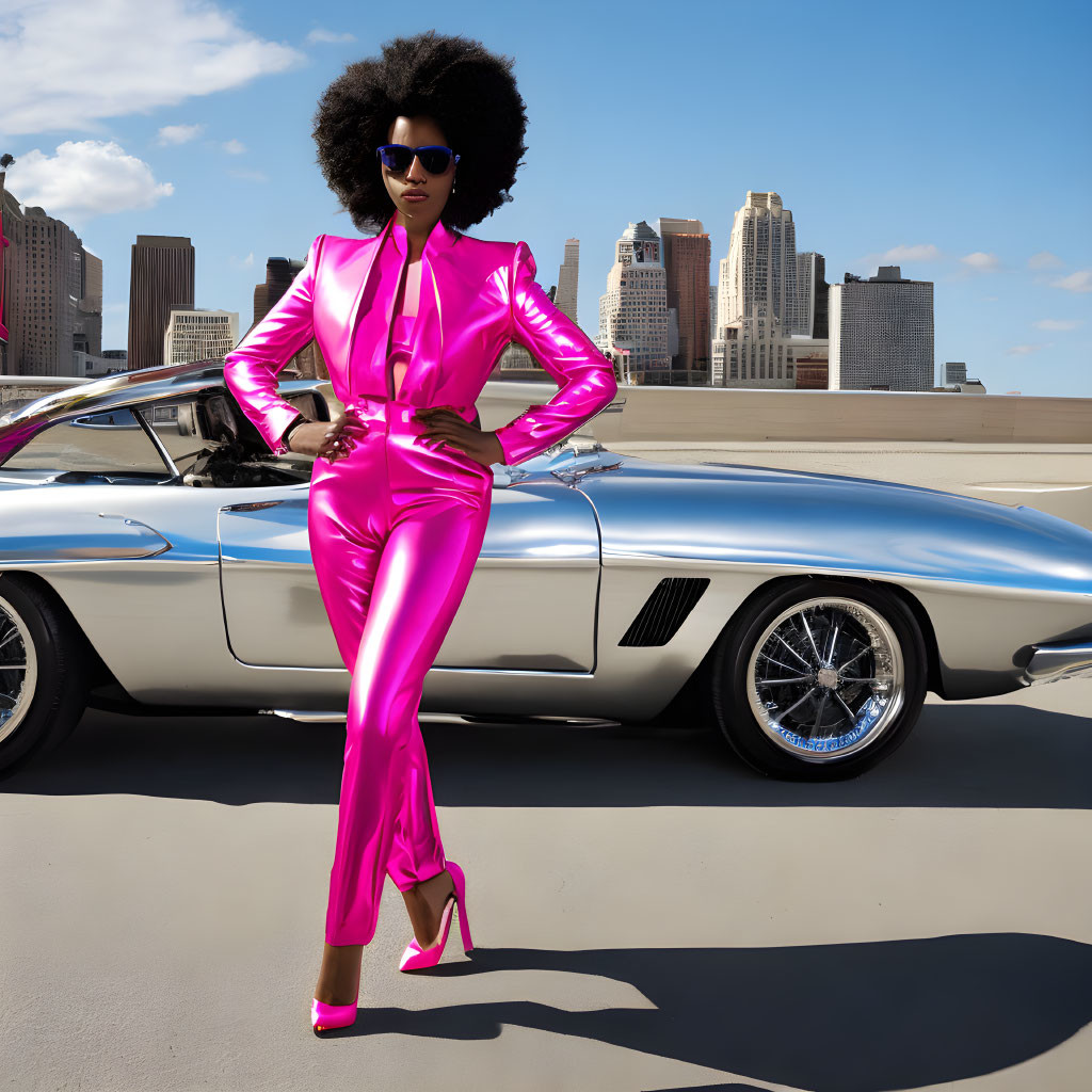 Afro-haired person in pink suit by silver sports car in cityscape