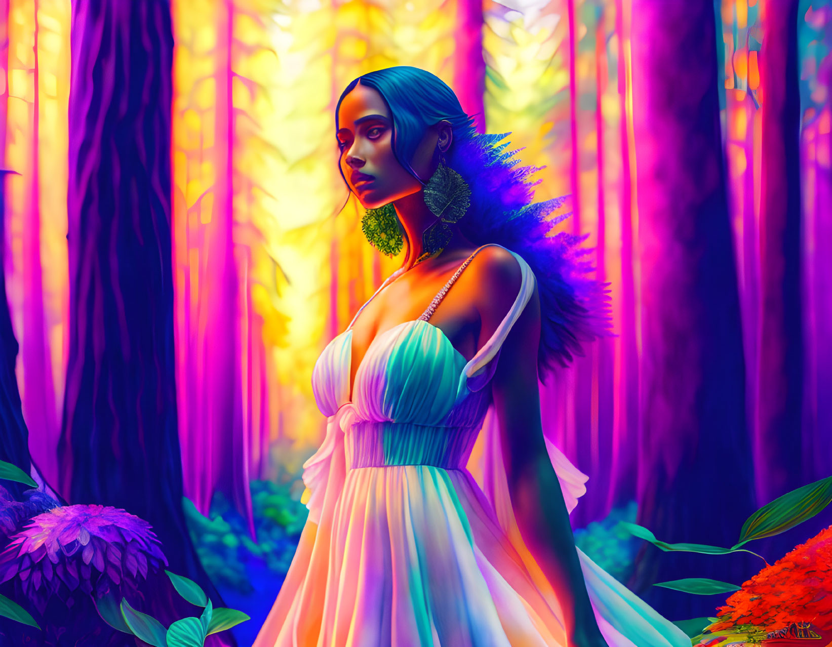 Woman in white dress in vibrant forest with purple hues and large earrings.