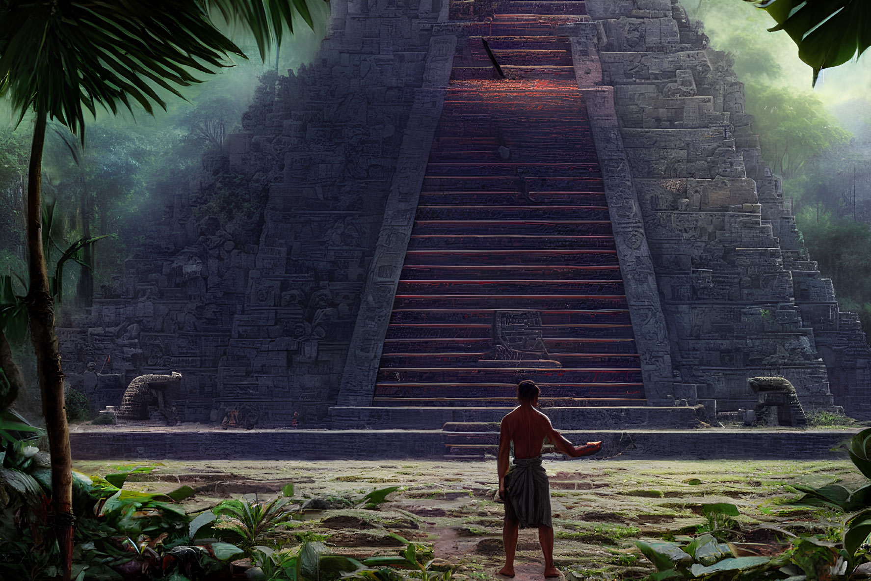 Mysterious jungle scene with glowing red staircase near ancient pyramid