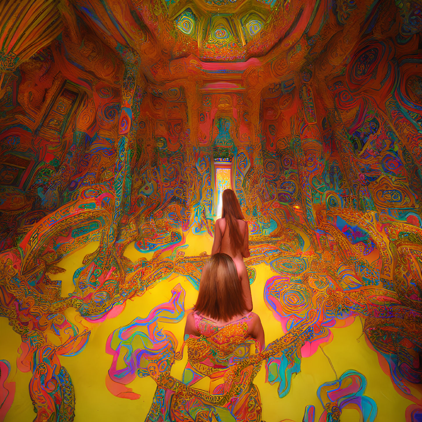 Colorful Psychedelic Room with Woman Looking in Mirror