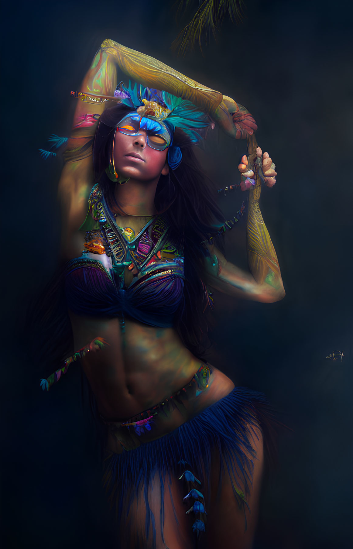 Vibrant tribal attire woman with feathered headdress and beaded jewelry poses.