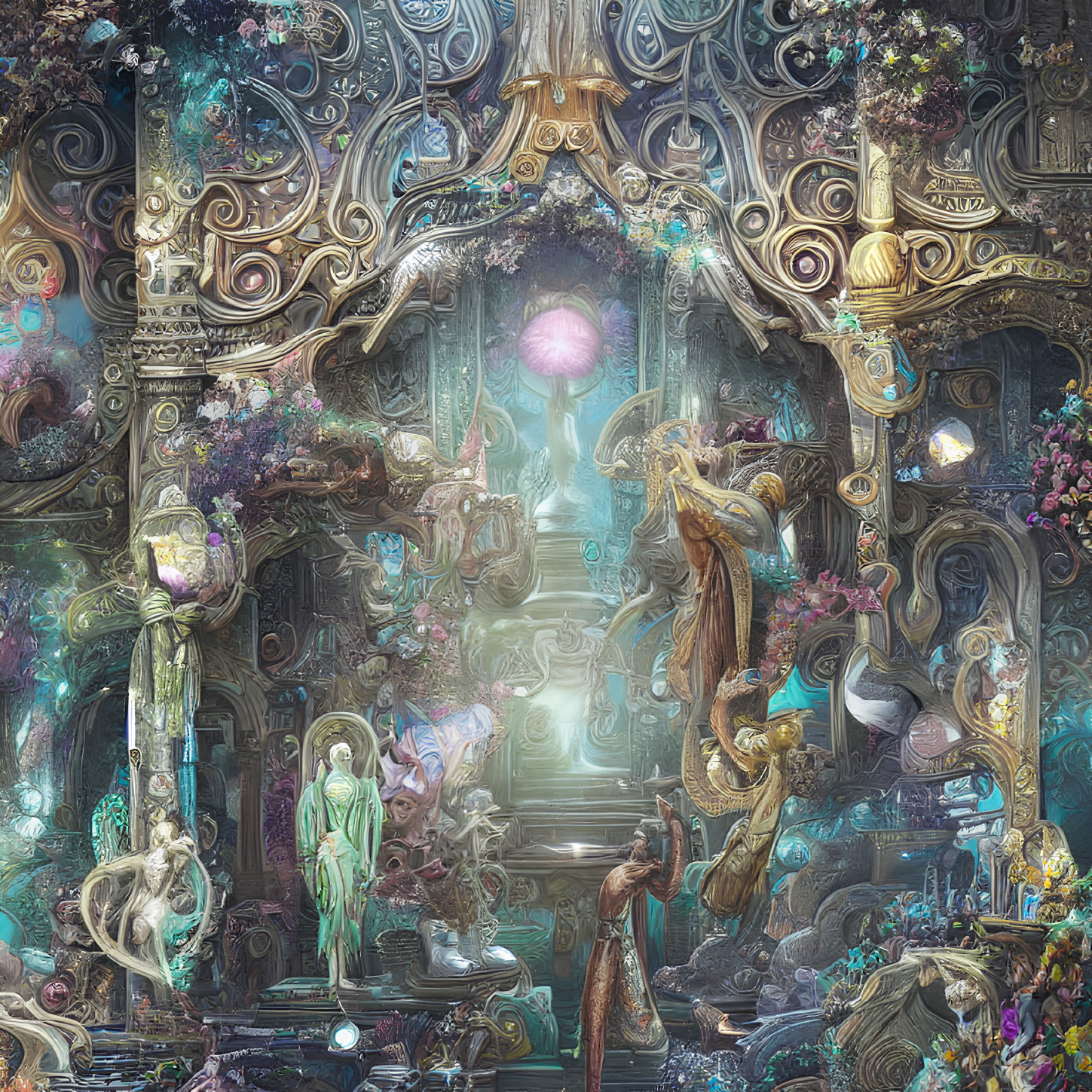 Intricate Fantasy Scene with Ornate Architecture and Ethereal Beings