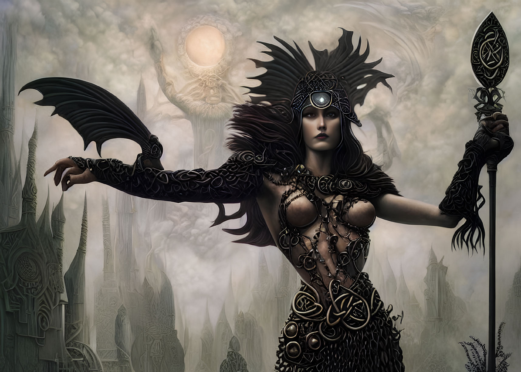 Fantasy artwork of warrior woman in dark armor with winged helmet, staff, under pale sun