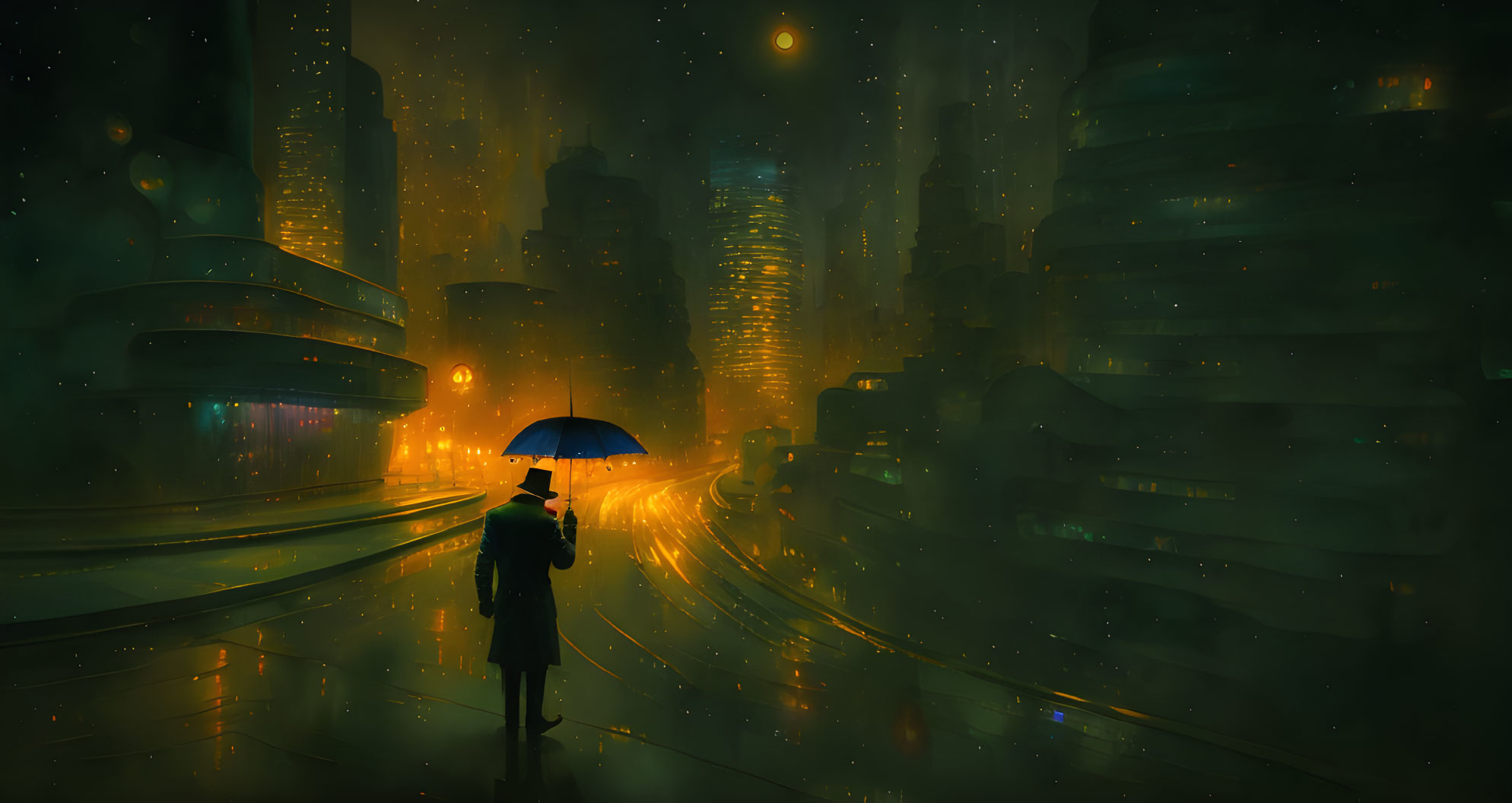 Futuristic cityscape at night with solitary figure and umbrella