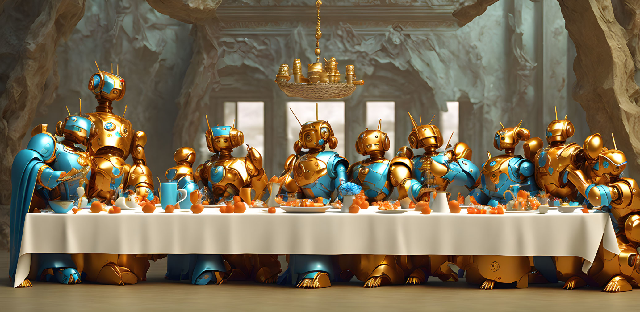 Robots in Golden and Blue Hues at Banquet Table in Festive Gathering