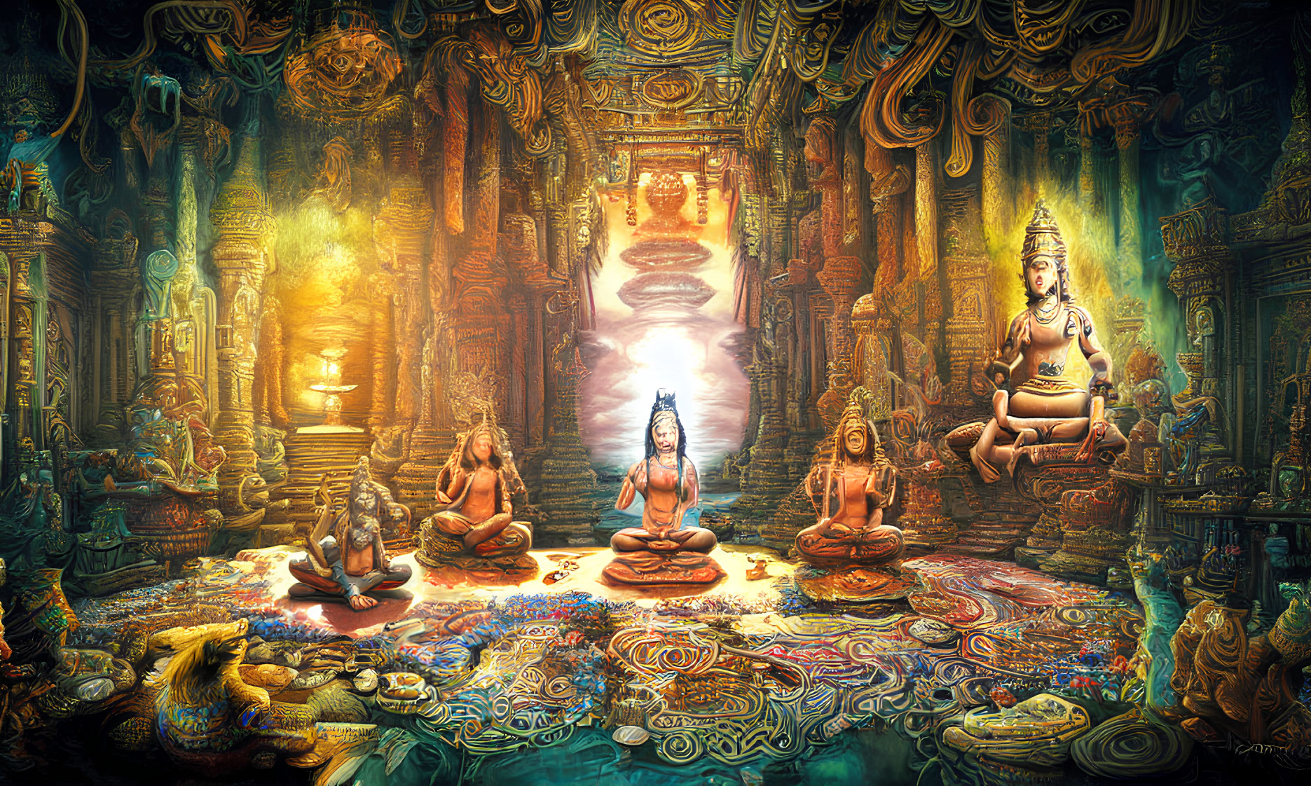 Colorful artwork of serene temple with meditating figures, lion, and glowing light