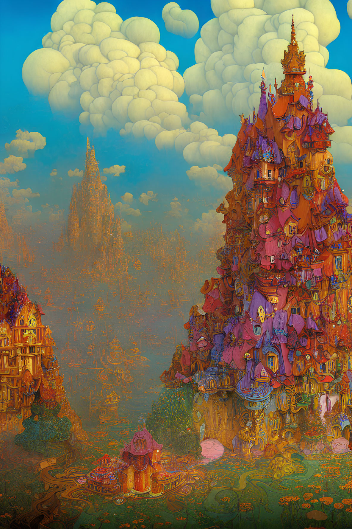 Colorful illustration of whimsical castle in the clouds against blue sky