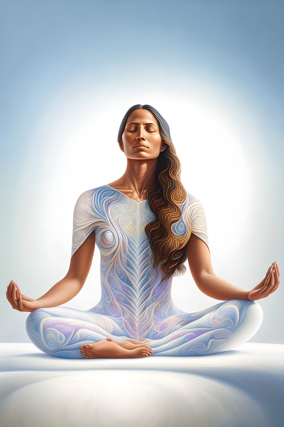 Tranquil woman in meditative pose with intricate patterns and glowing backdrop