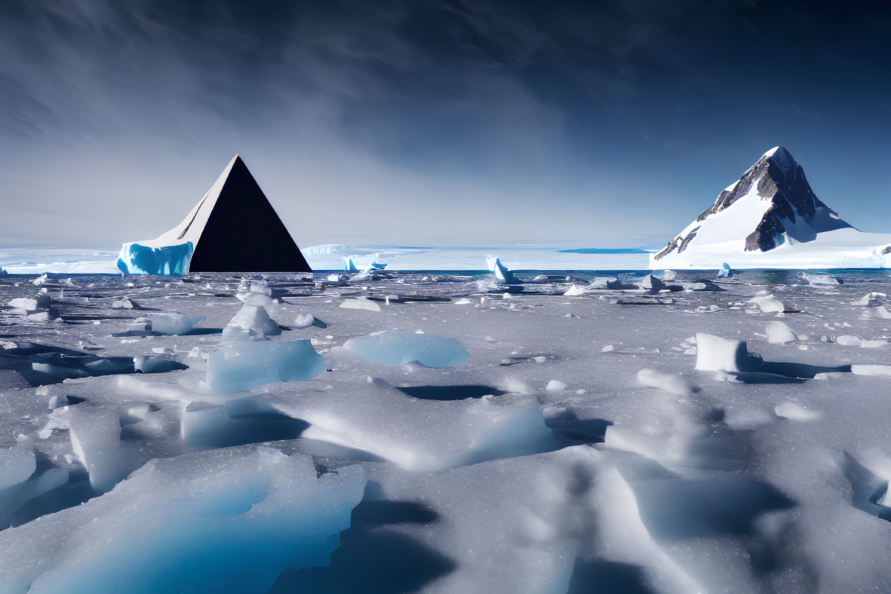 Antarctic landscape with pyramid-shaped iceberg amid fragmented ice