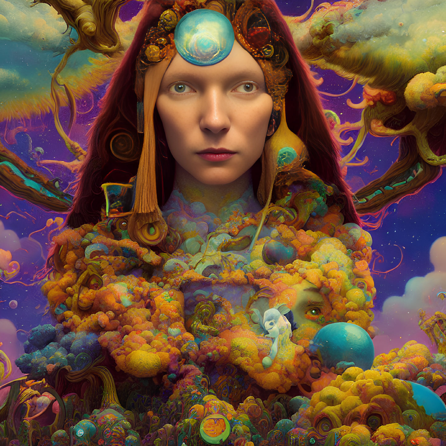 Surreal portrait of woman's face in vibrant fantasy landscape