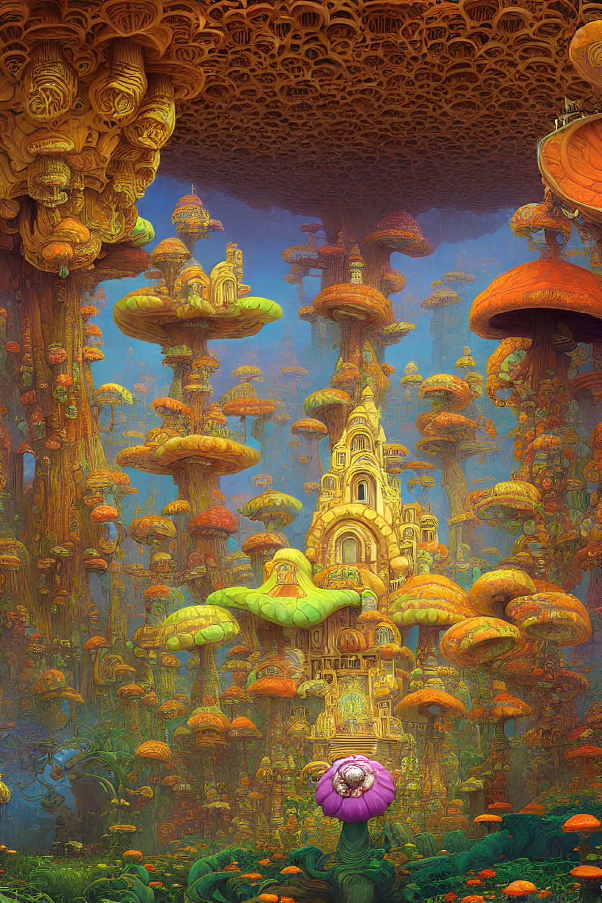 Fantasy landscape with mushroom-like structures and golden tower