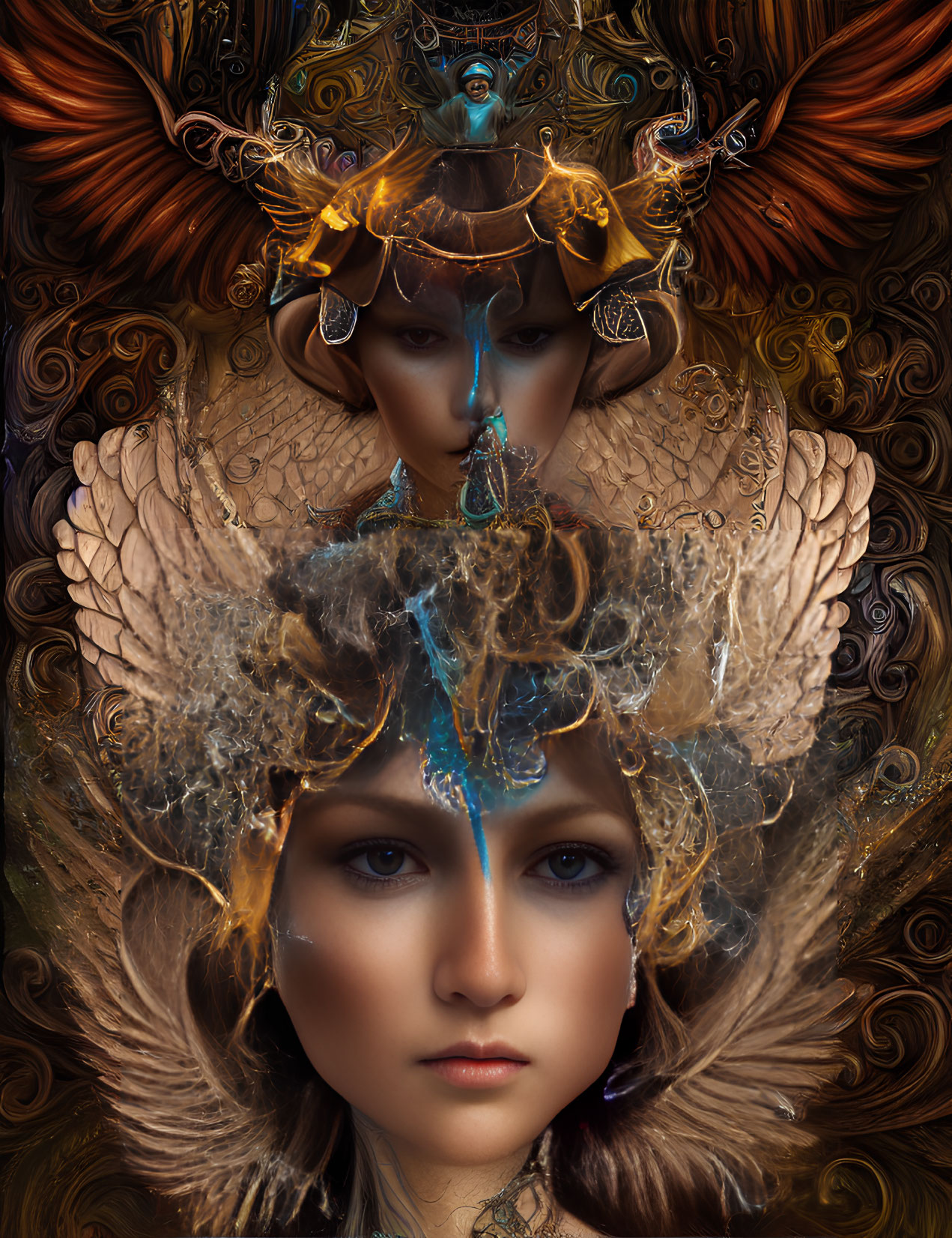 Intricate Fantasy Art: Woman with Feathered Headdress & Ornate Jewelry