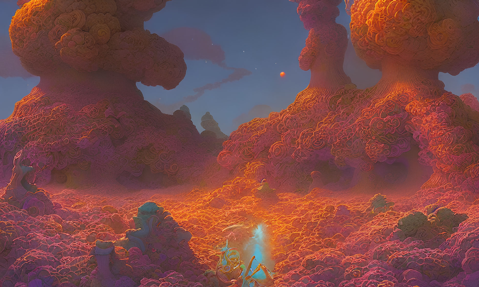 Colorful alien landscape with coral-like structures under purple sky