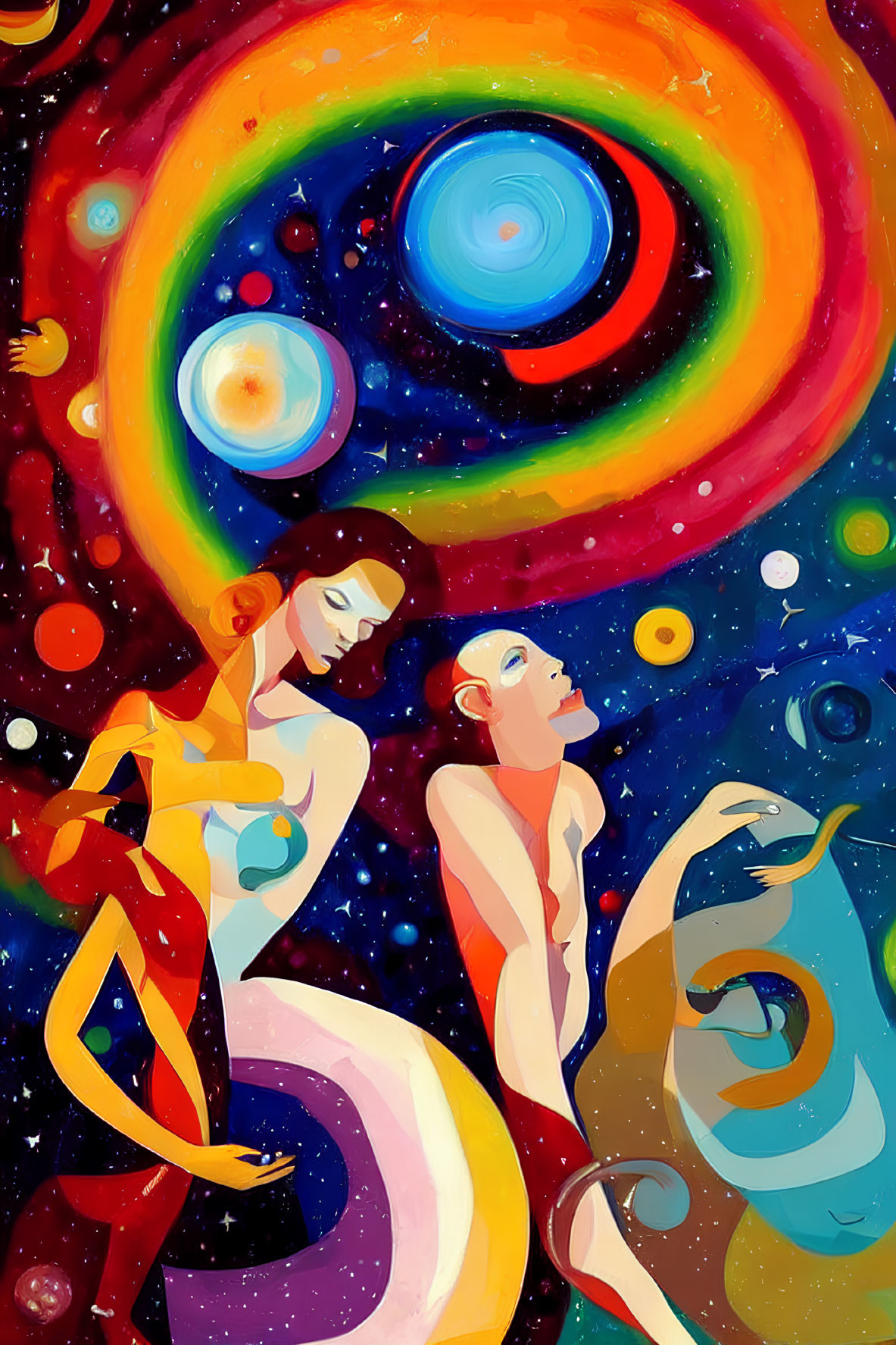 Vibrant abstract art: Two human figures in cosmic swirls