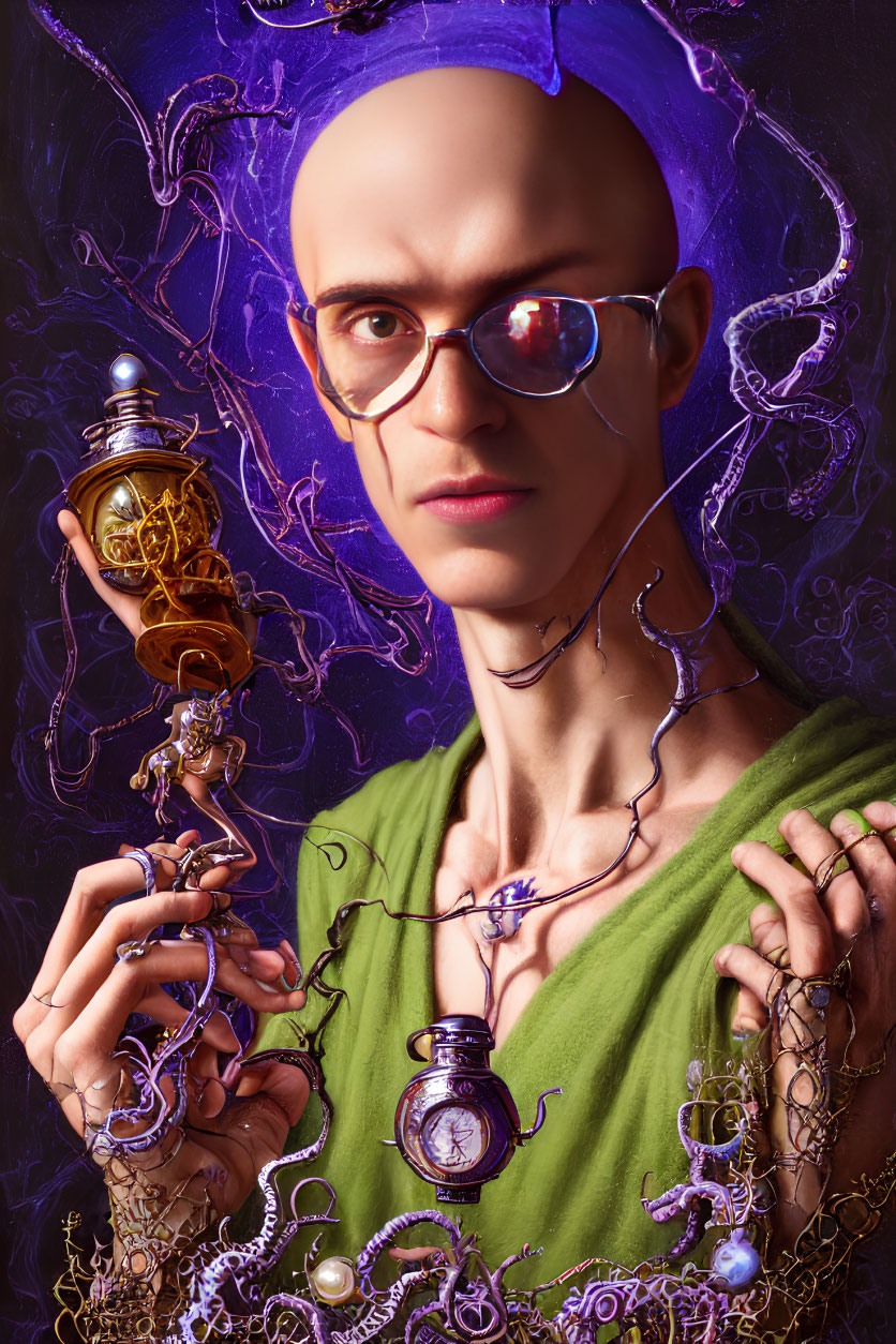 Bald Person in Purple Cap with Glasses Holding Gold Device surrounded by Purple Wires and Jewelry