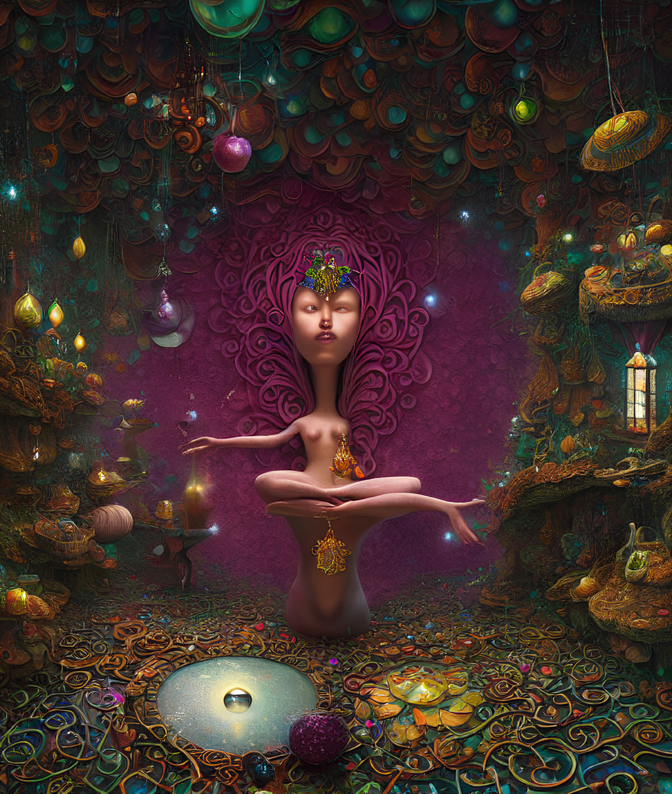 Mystical multi-armed figure meditating in vibrant, whimsical setting