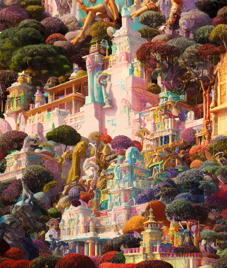 Colorful cityscape with intricate buildings and lush trees featuring a person surrounded by whimsical flora.